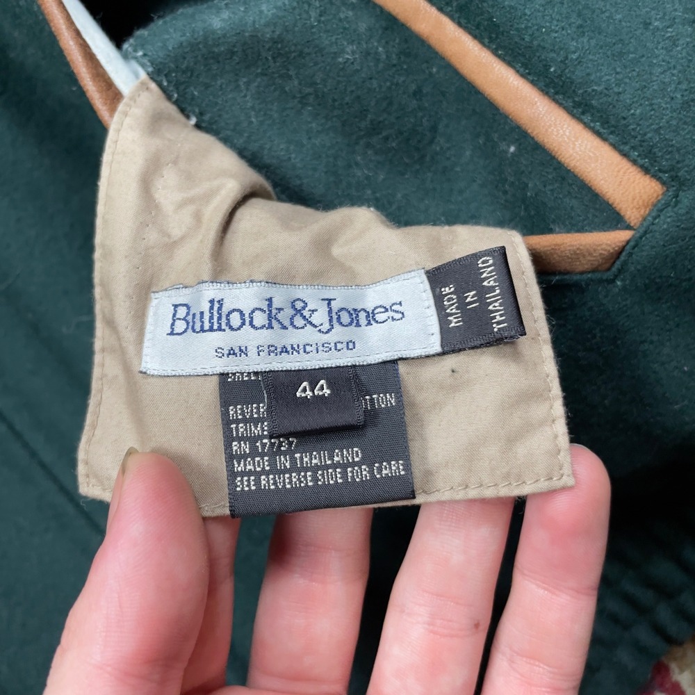 VTG 80s 90s Bullock & Jones Wool Leather Trim Bomber Jacket Green 44 Harrington - Picture 7 of 8